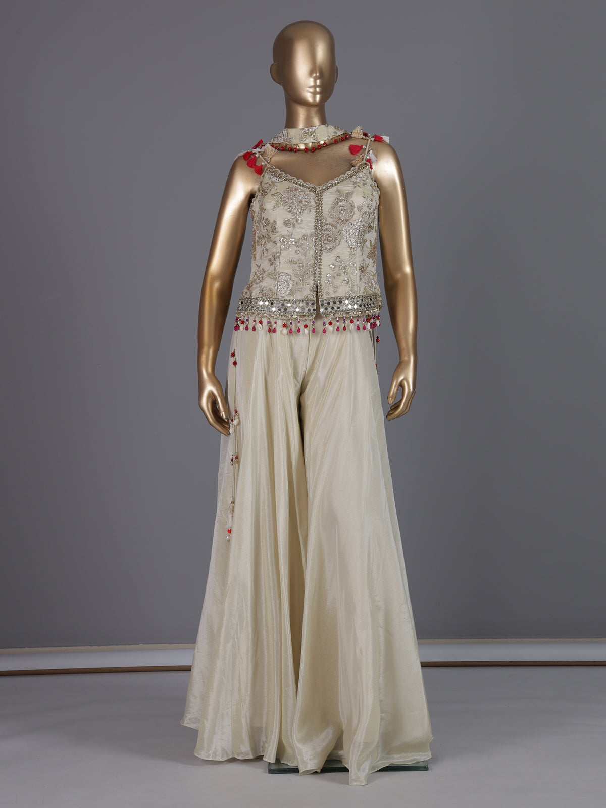 Cream designer shimmer silk palazzo suit with choker