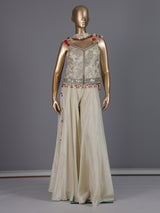 Cream designer shimmer silk palazzo suit with choker