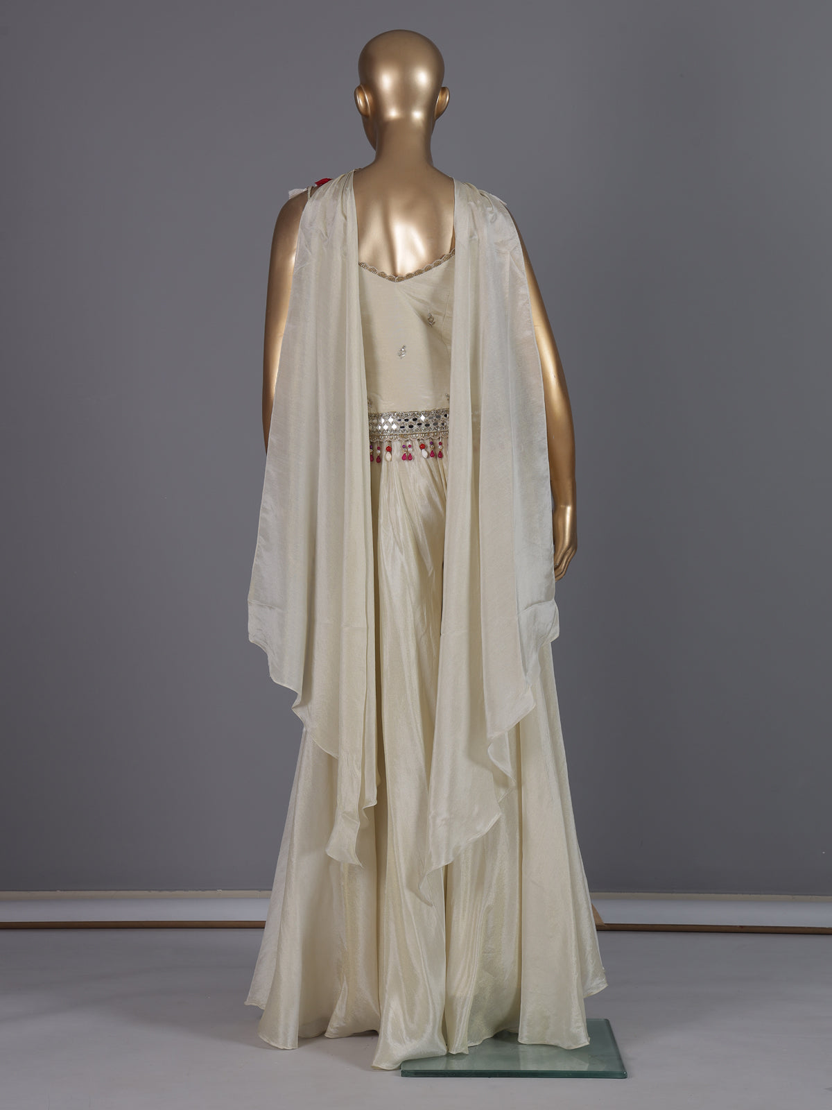 Cream designer shimmer silk palazzo suit with choker