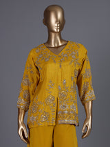 Yellow embroidered art silk palazzo suit