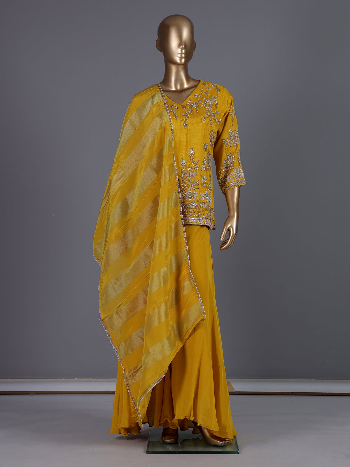 Yellow embroidered art silk palazzo suit