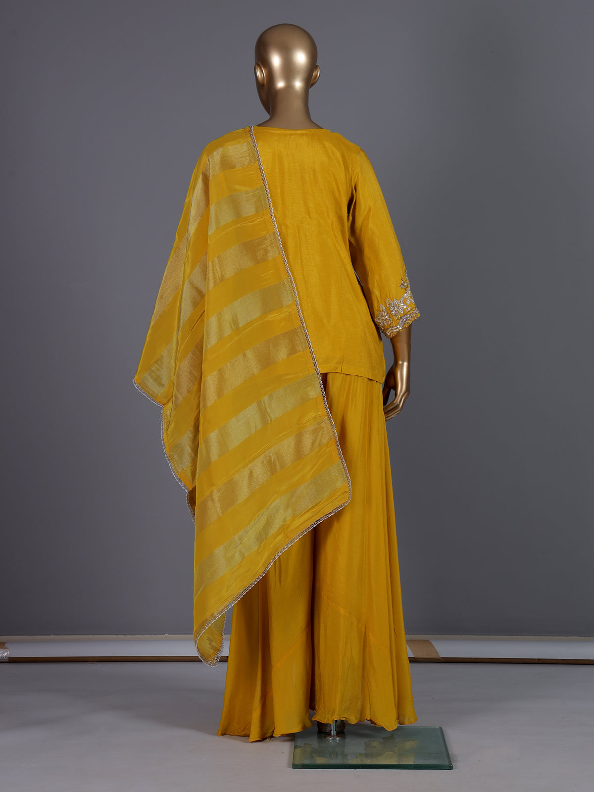 Yellow embroidered art silk palazzo suit