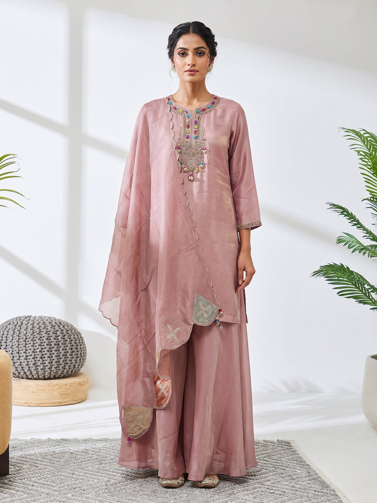 Onion pink tissue silk palazzo suit with dupatta