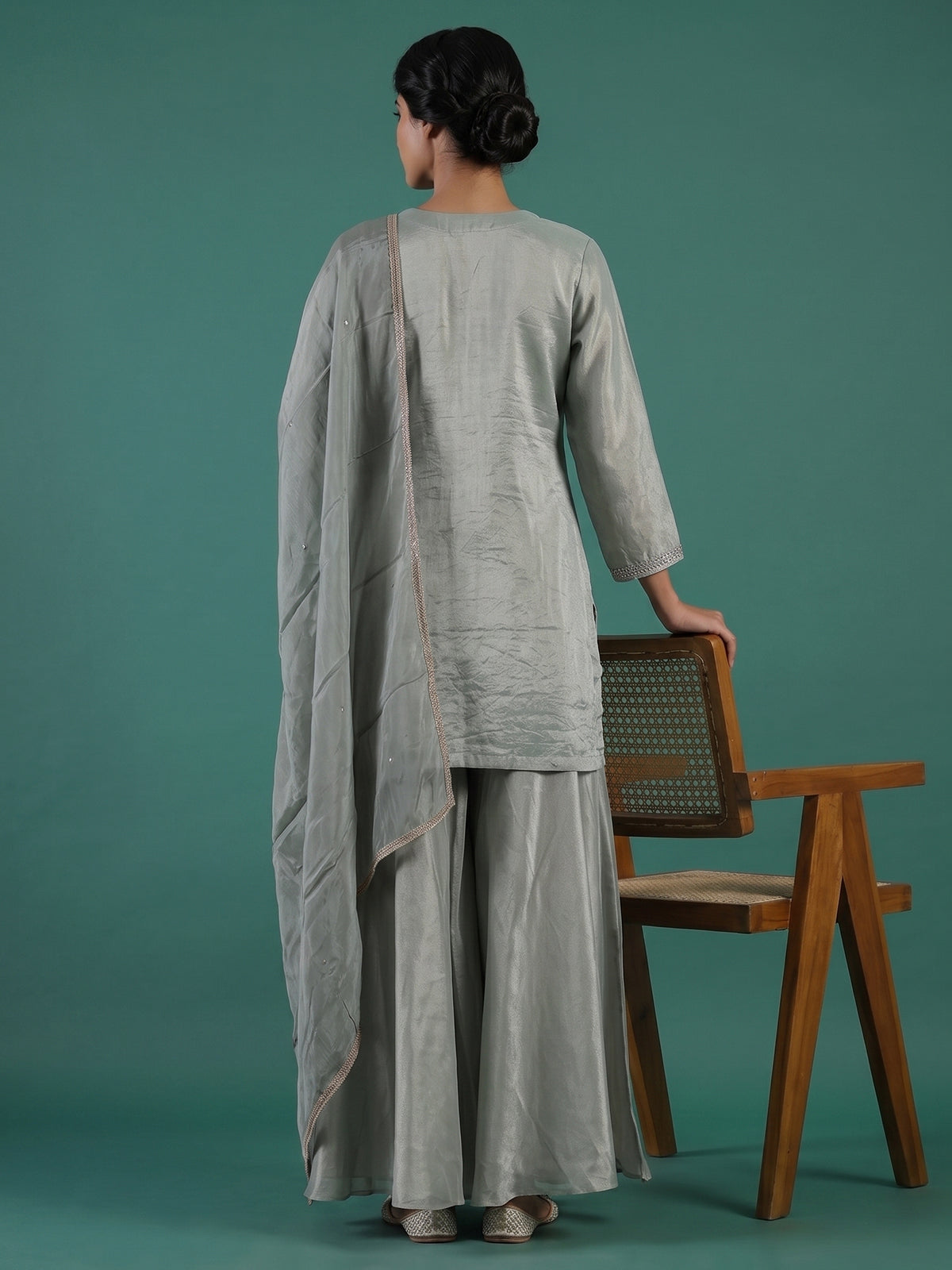 Mint green embroidered satin silk palazzo suit