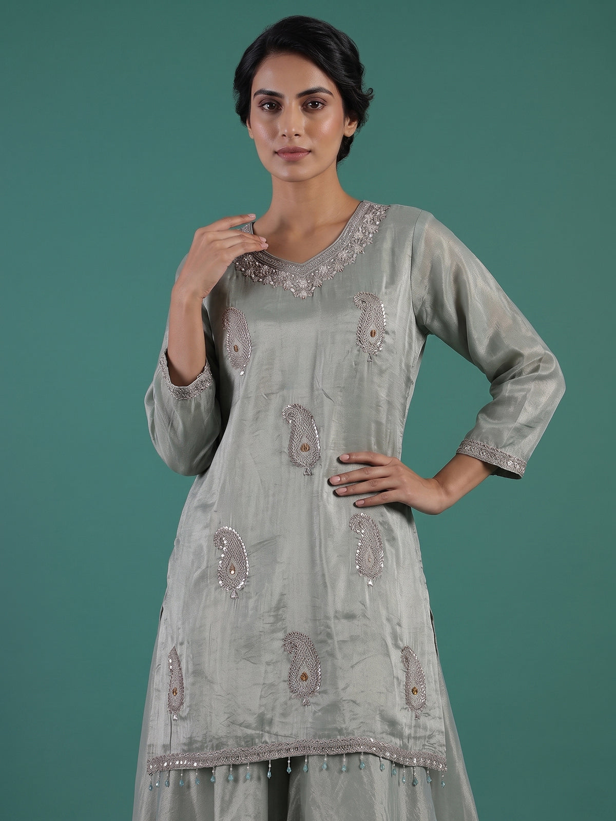 Mint green embroidered satin silk palazzo suit
