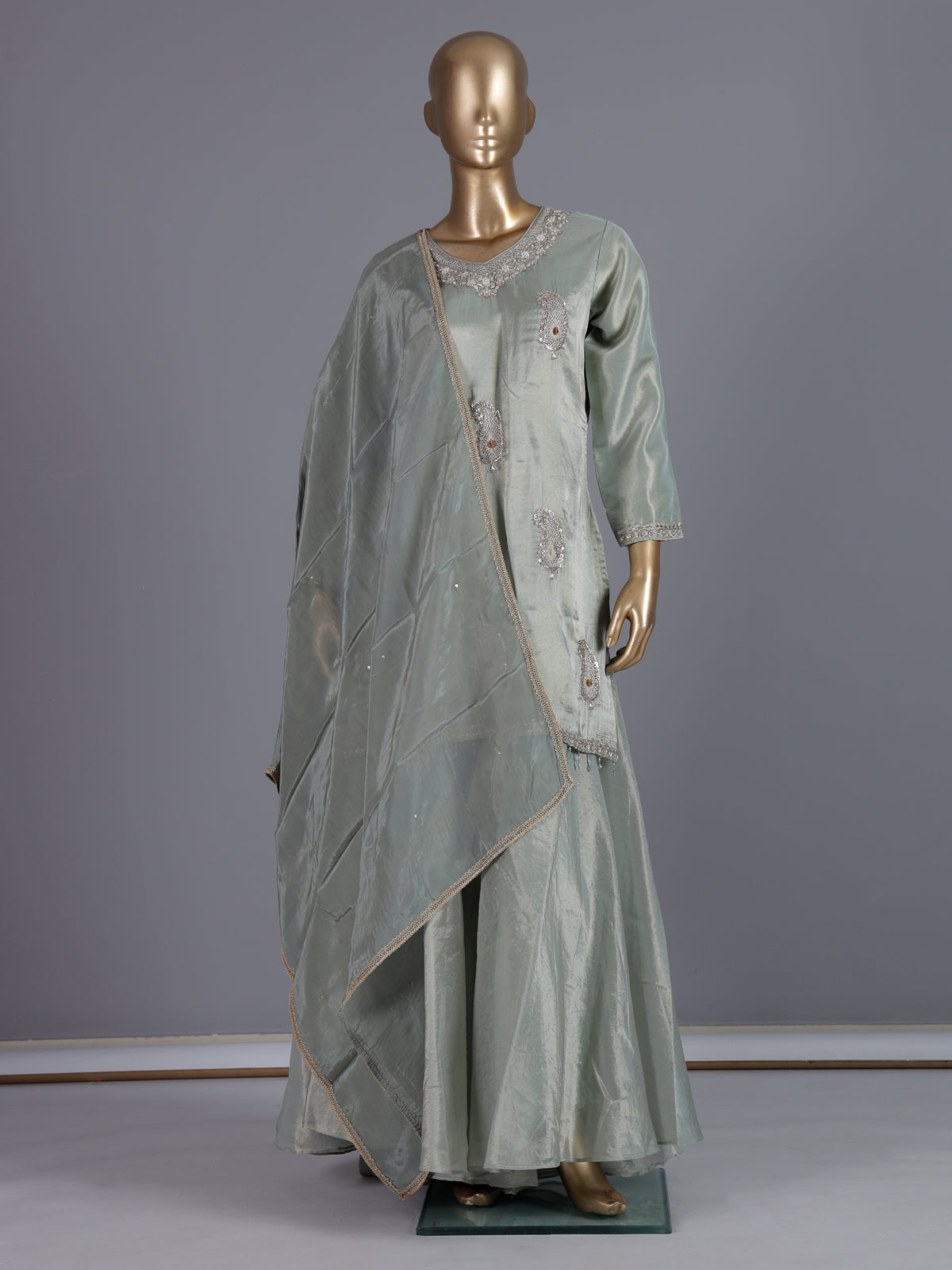 Mint green embroidered satin silk palazzo suit