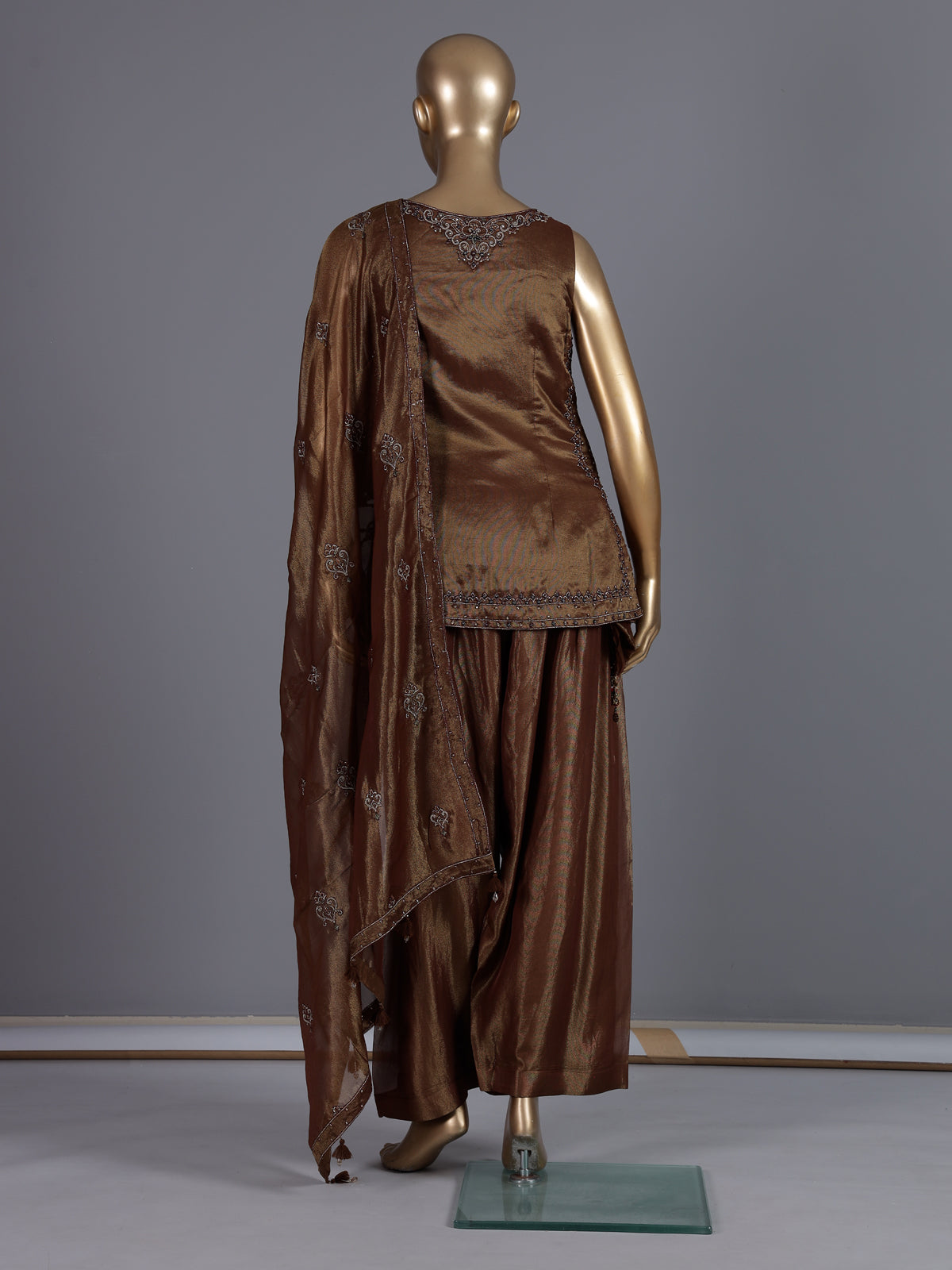 Brown embroidered art silk palazzo suit for women