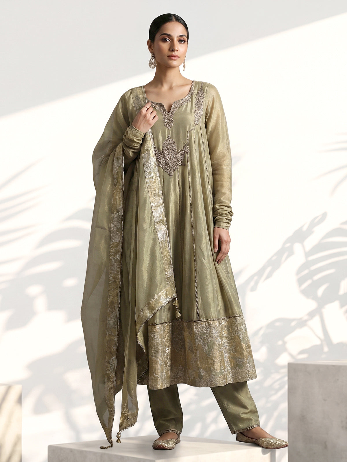 Pista green organza anarkali pant suit with dupatta