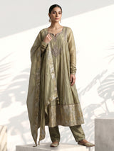 Pista green organza anarkali pant suit with dupatta