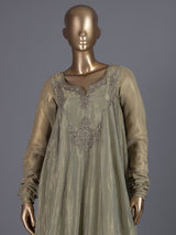 Pista green organza anarkali pant suit with dupatta