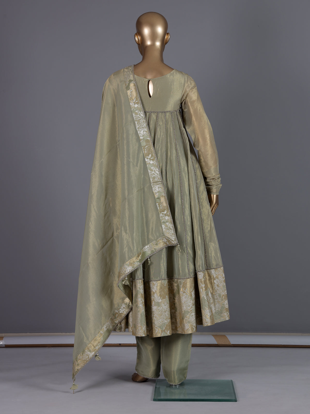Pista green organza anarkali pant suit with dupatta