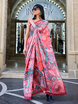 Multi colour digital printed satin crepe saree