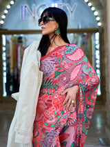 Multi colour digital printed satin crepe saree
