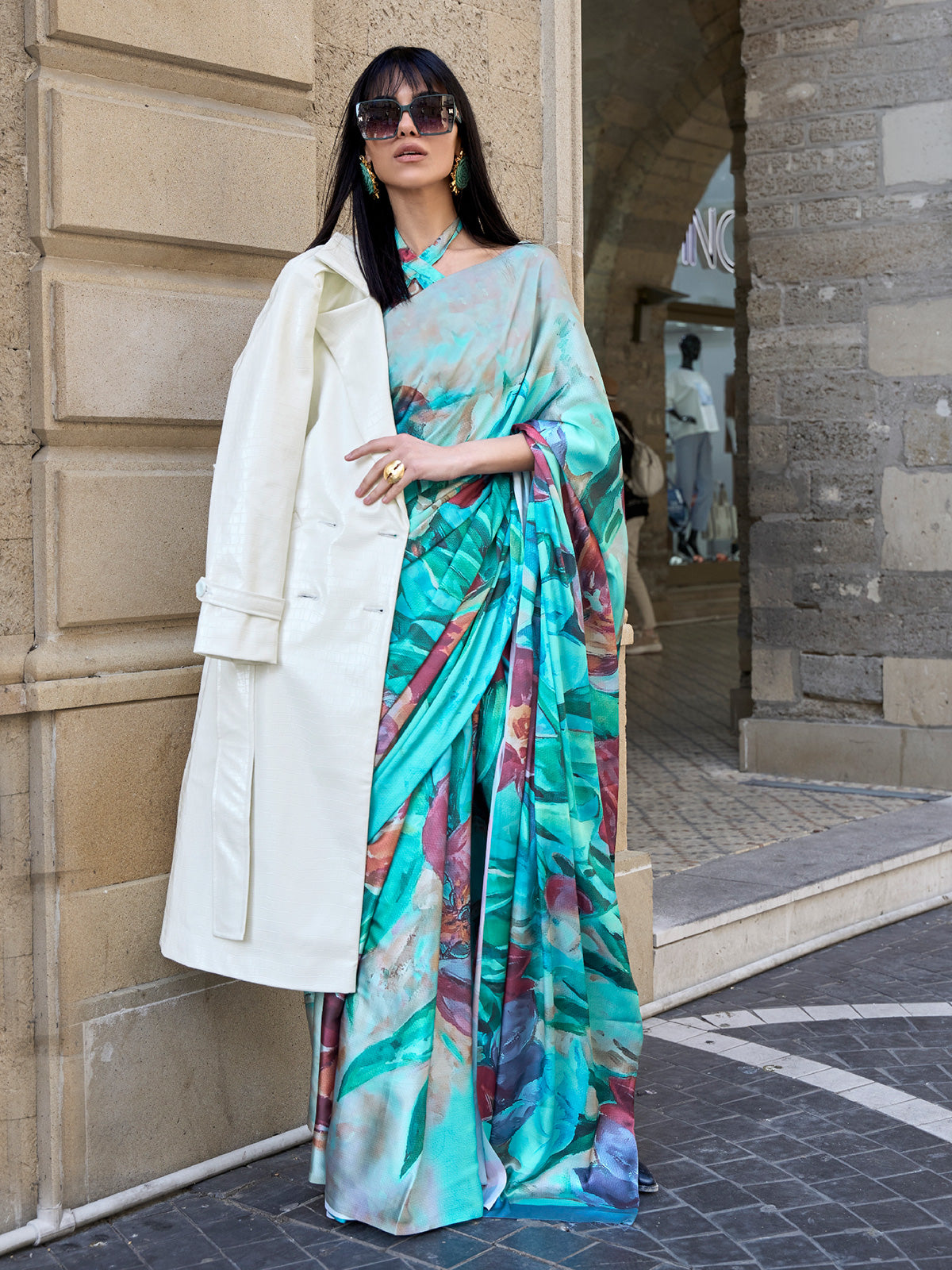 Blue designer digital printed satin crepe party saree