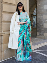 Blue designer digital printed satin crepe party saree