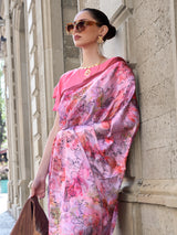 Lavender digital printed satin crepe festive saree elegance