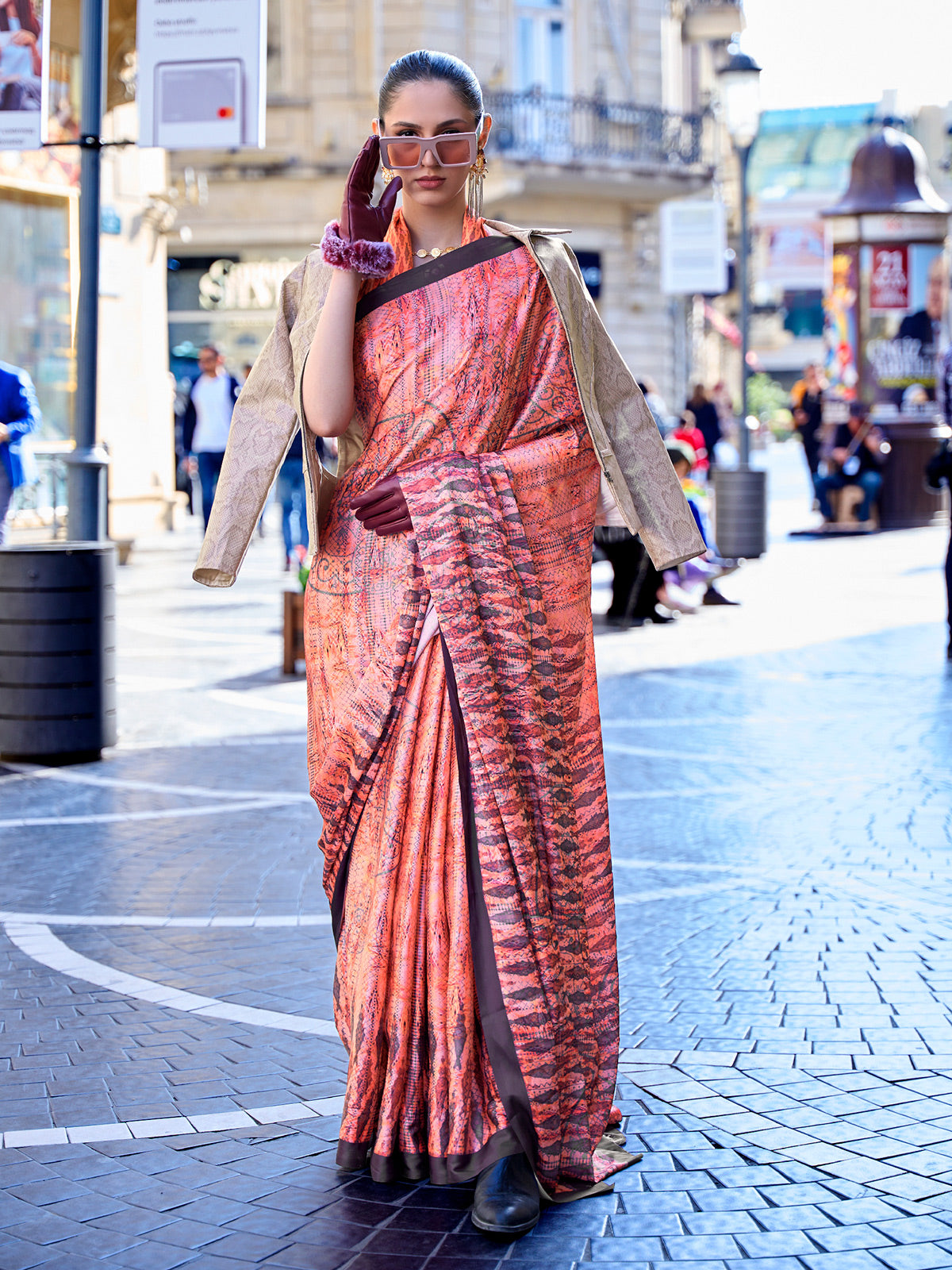 Light orange digital printed satin crepe festive saree