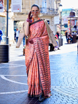 Light orange digital printed satin crepe festive saree
