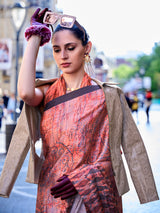 Light orange digital printed satin crepe festive saree