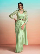 Light green designer ready to wear saree with jacket