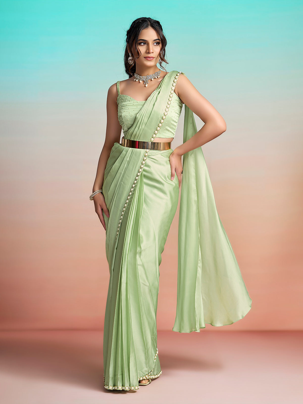 Light green designer ready to wear saree with jacket
