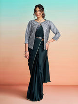 Slate blue designer ready to wear saree with jacket