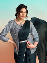 Slate blue designer ready to wear saree with jacket