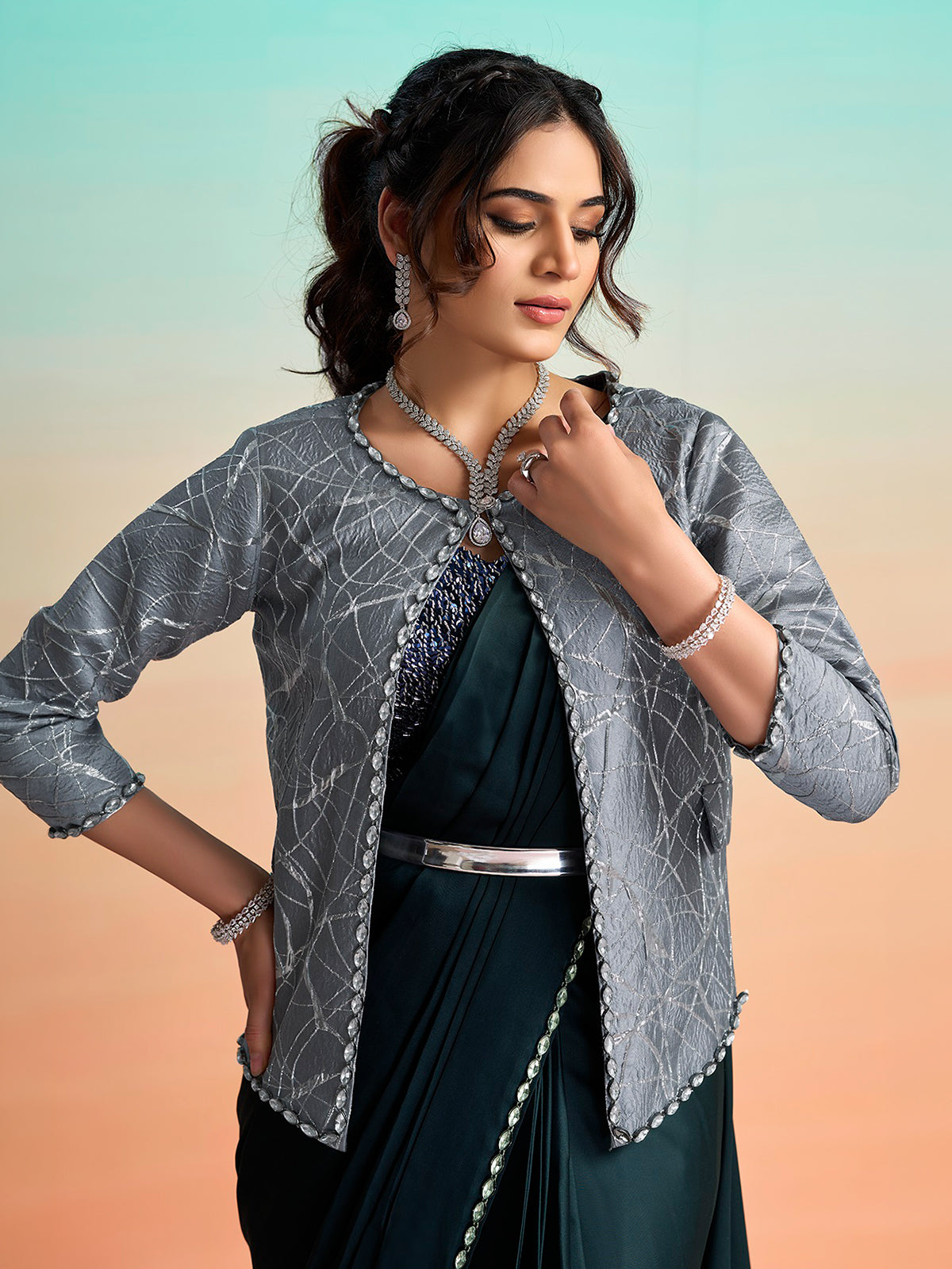 Slate blue designer ready to wear saree with jacket