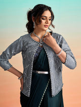 Slate blue designer ready to wear saree with jacket