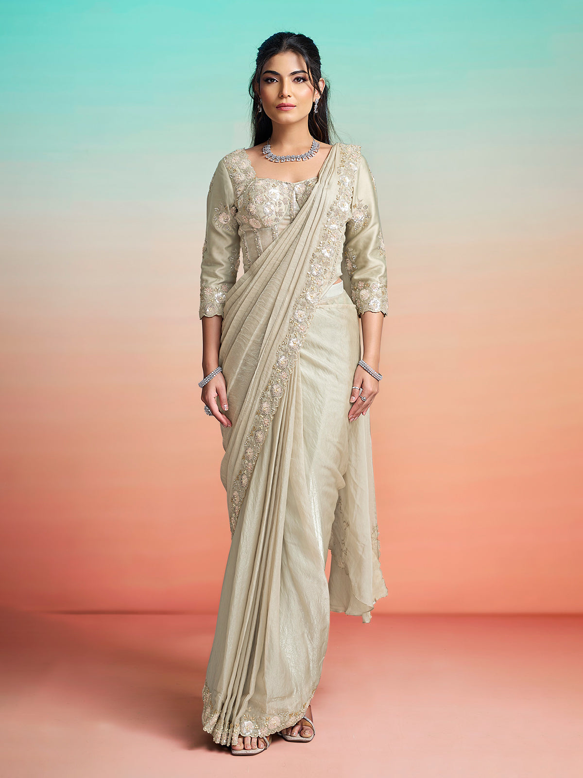 Light olive ready to wear satin saree