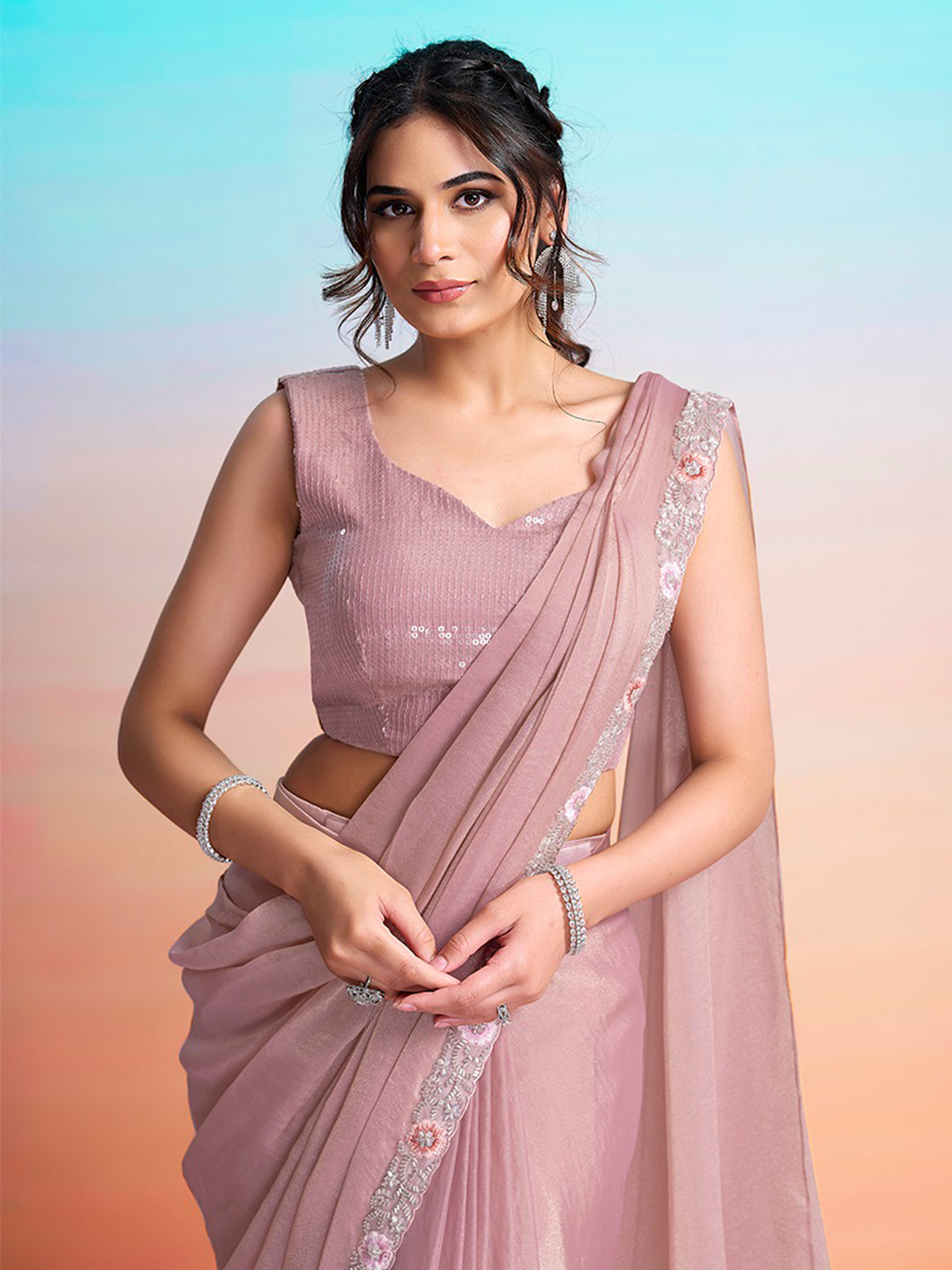 Onion pink designer ready to wear saree with poncho