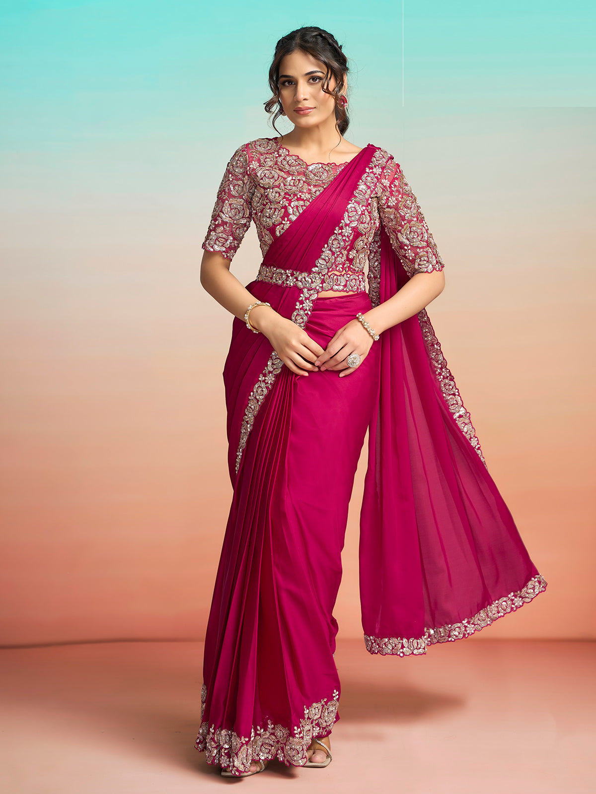 Rani pink embellished ready to wear saree with belt