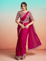 Rani pink embellished ready to wear saree with belt