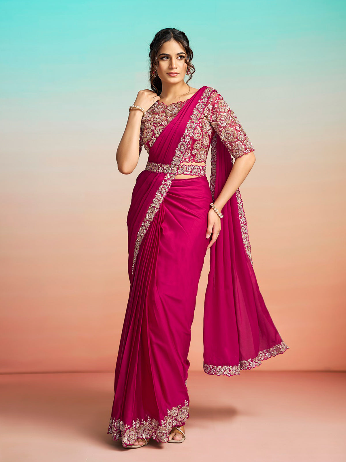 Rani pink embellished ready to wear saree with belt