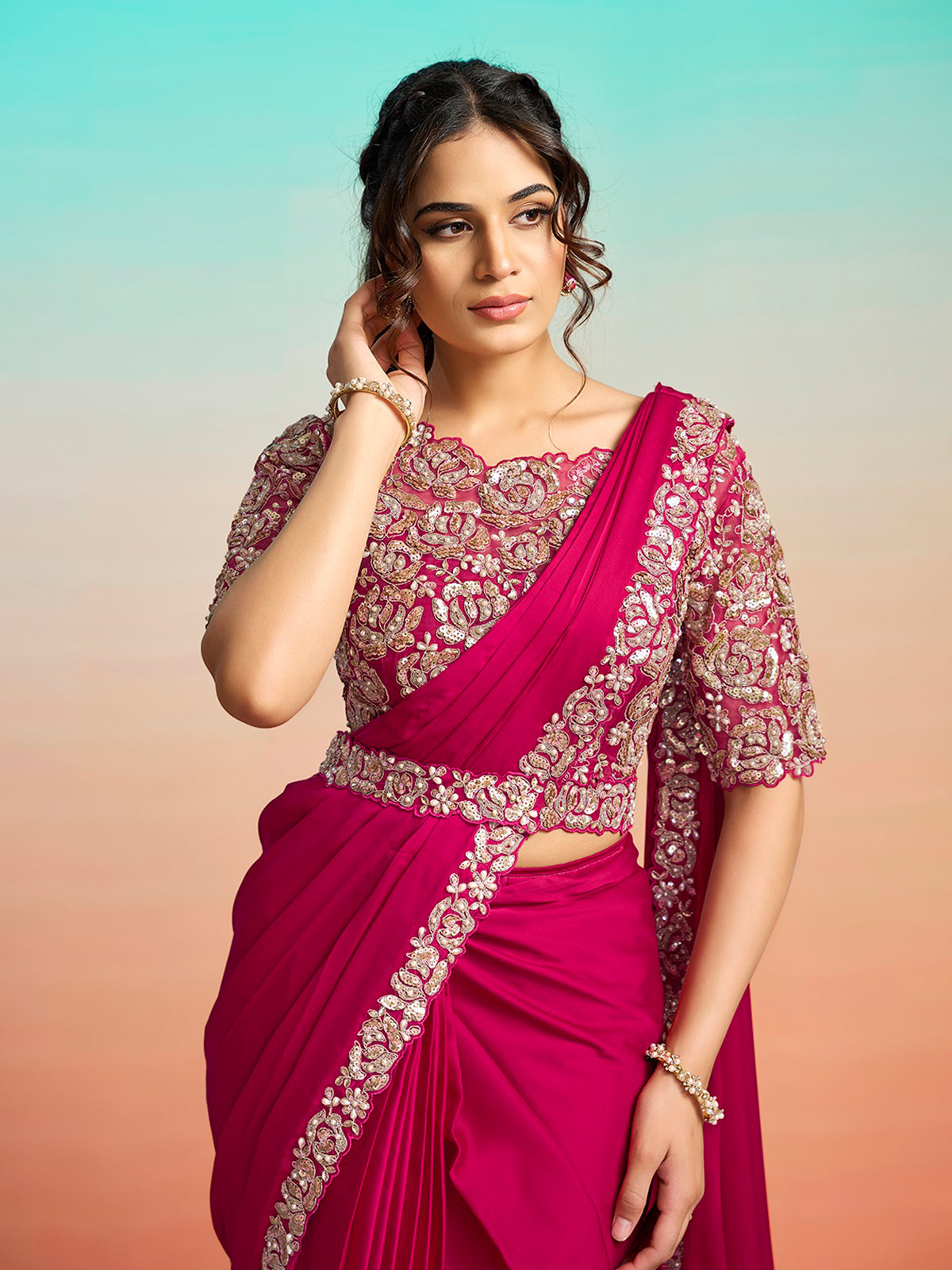 Rani pink embellished ready to wear saree with belt