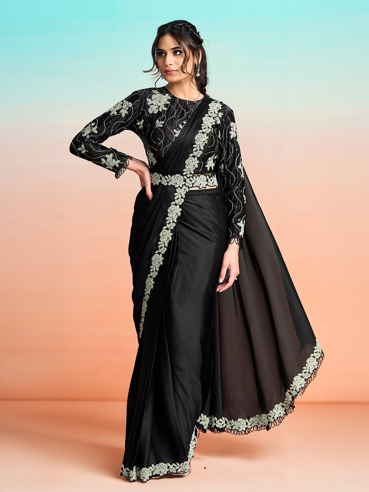Black designer ready to wear satin silk saree with belt