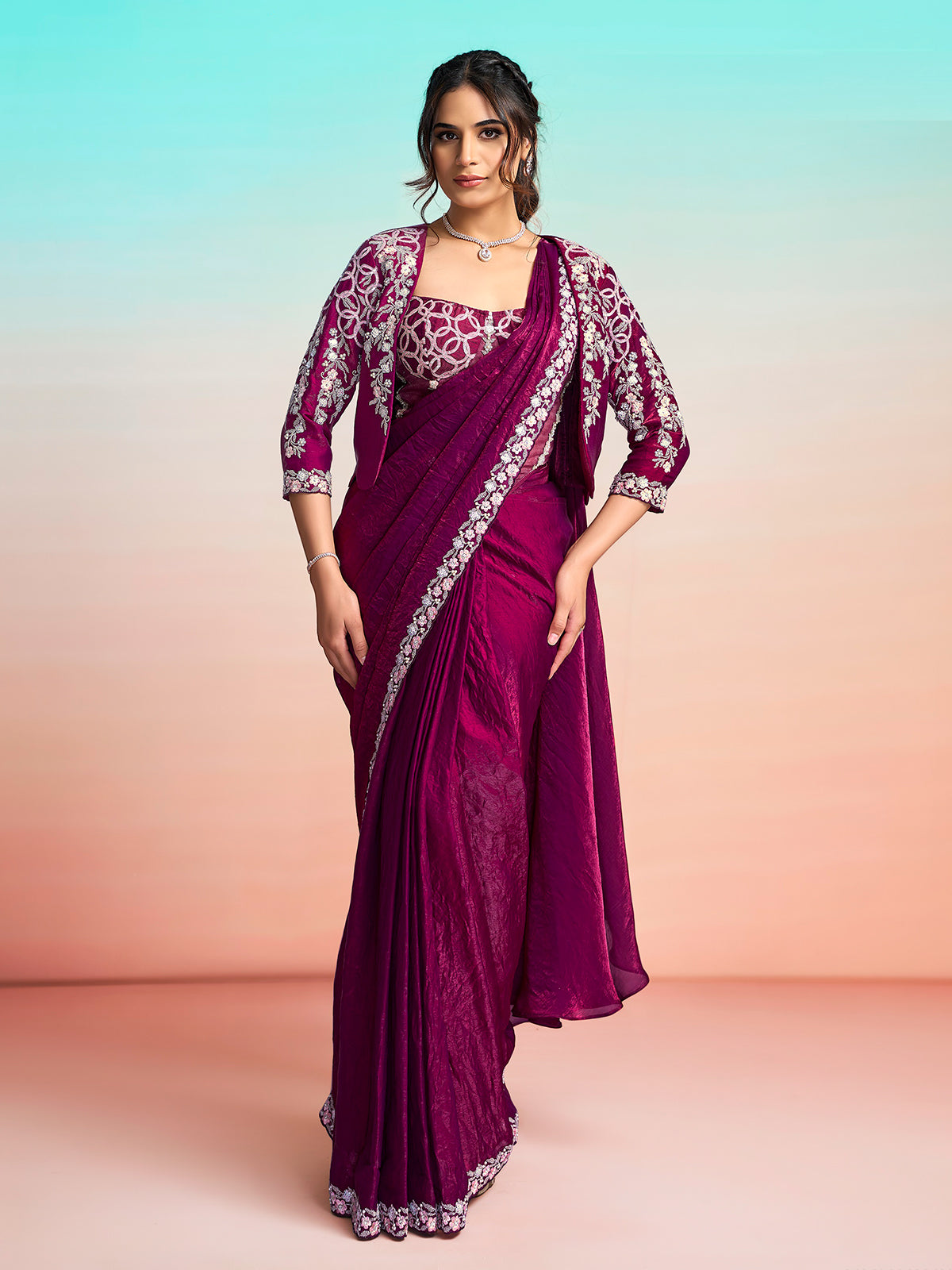 Pastel purple satin silk ready to wear saree with jacket