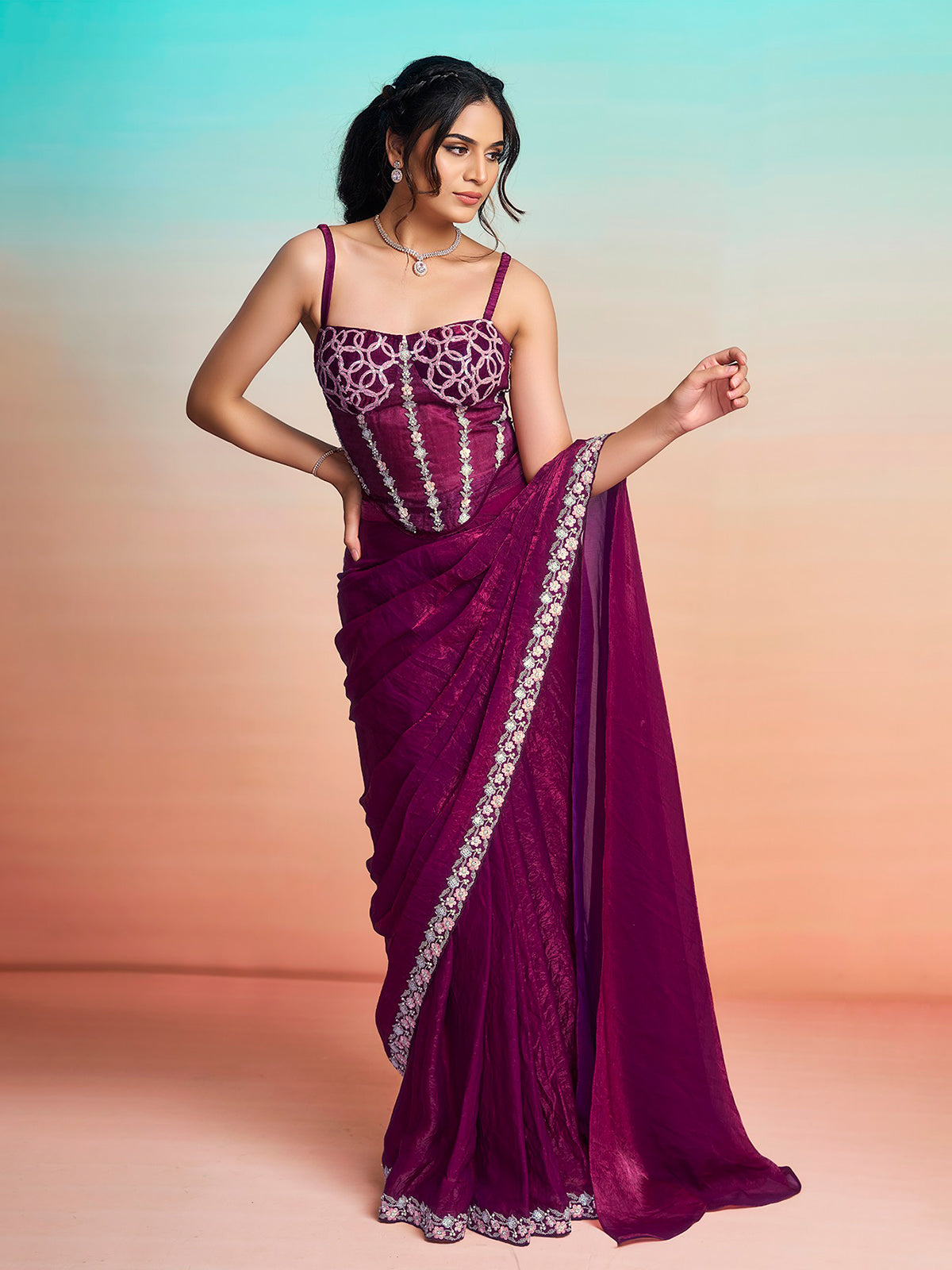 Pastel purple satin silk ready to wear saree with jacket