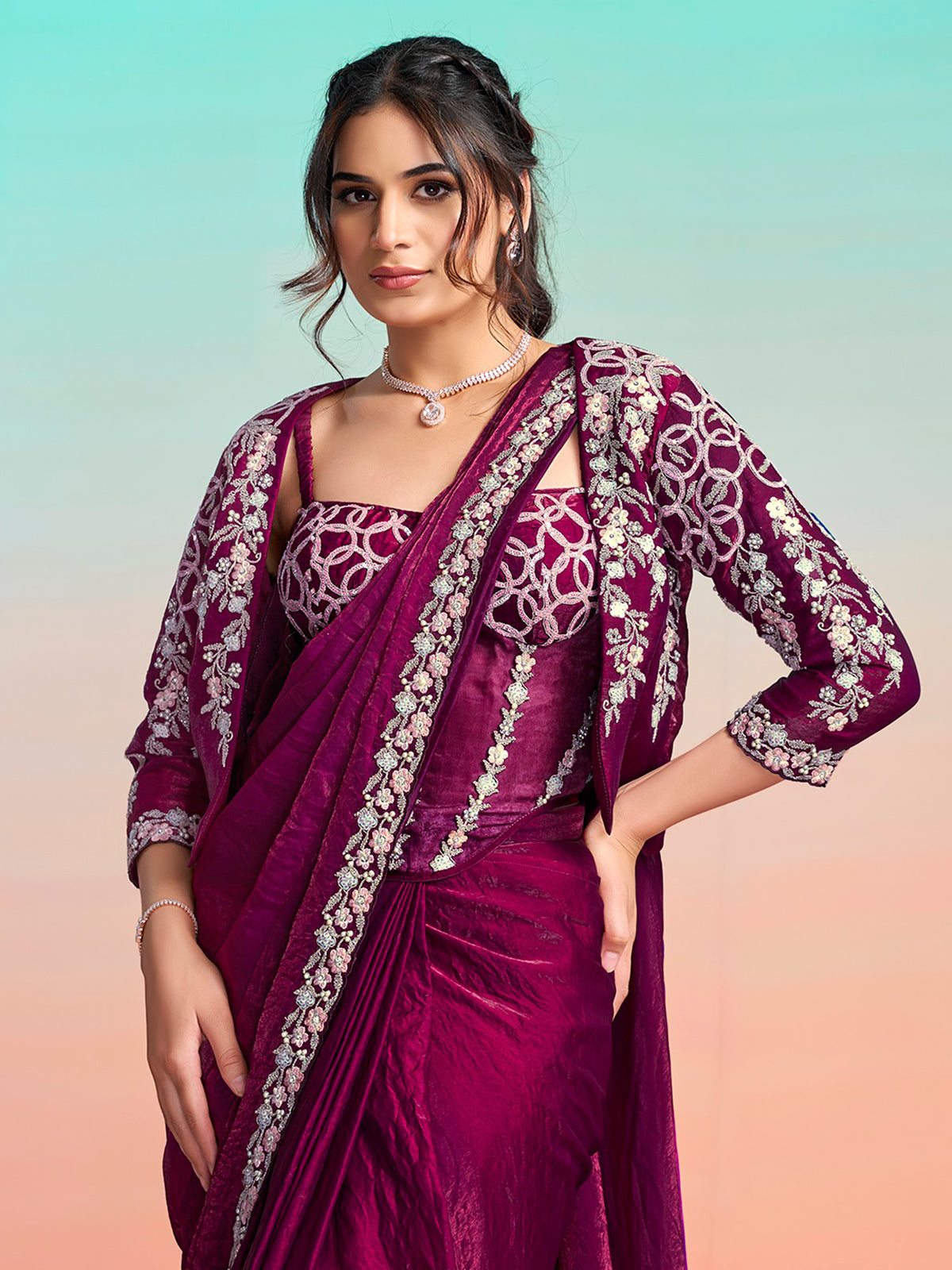 Pastel purple satin silk ready to wear saree with jacket