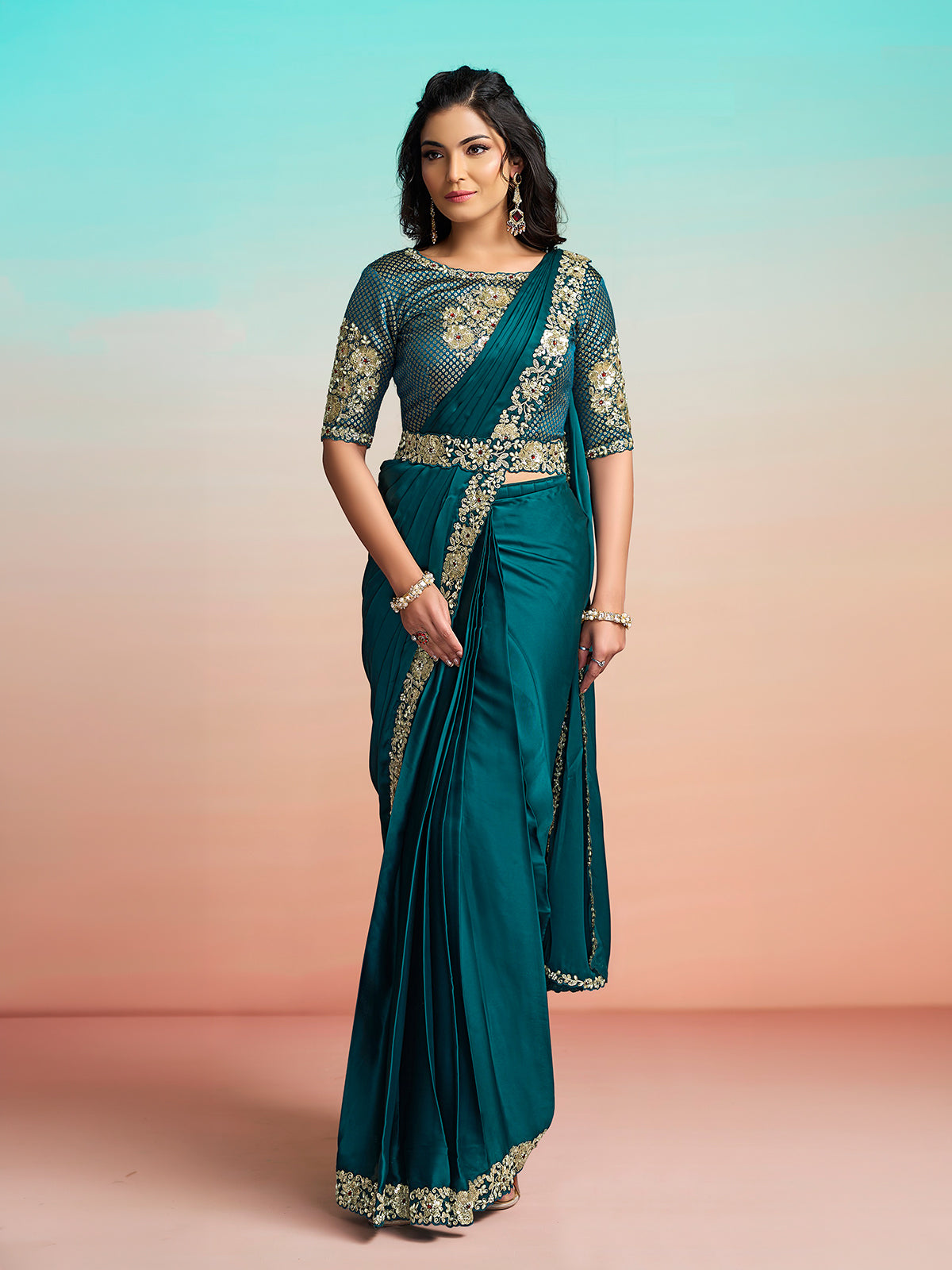 Teal green embellished ready to wear saree with koti