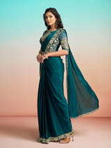 Teal green embellished ready to wear saree with koti