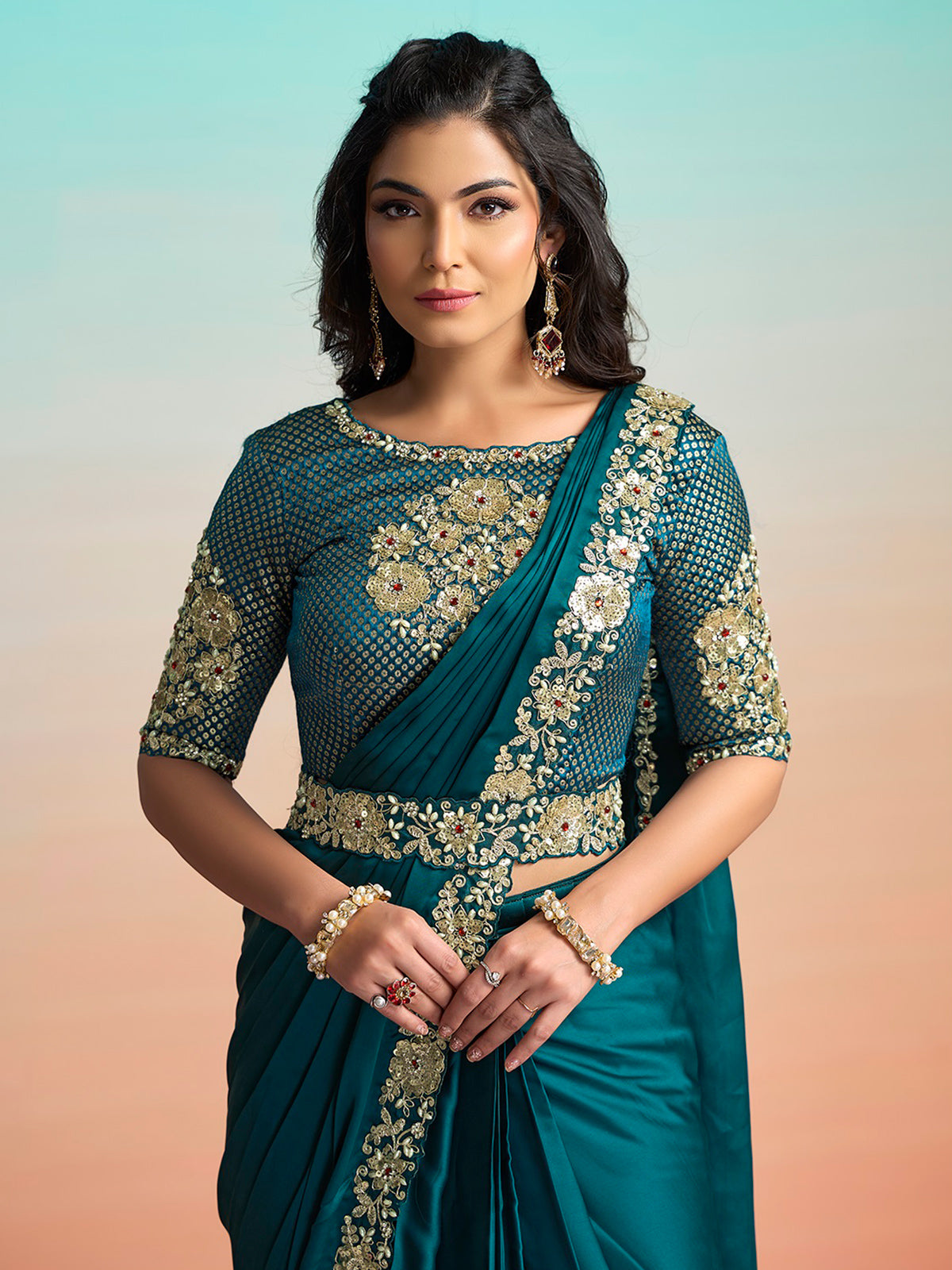 Teal green embellished ready to wear saree with koti