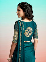 Teal green embellished ready to wear saree with koti