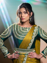 Olive embroidered ready to wear saree with designer belt
