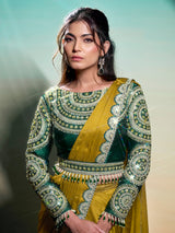 Olive embroidered ready to wear saree with designer belt
