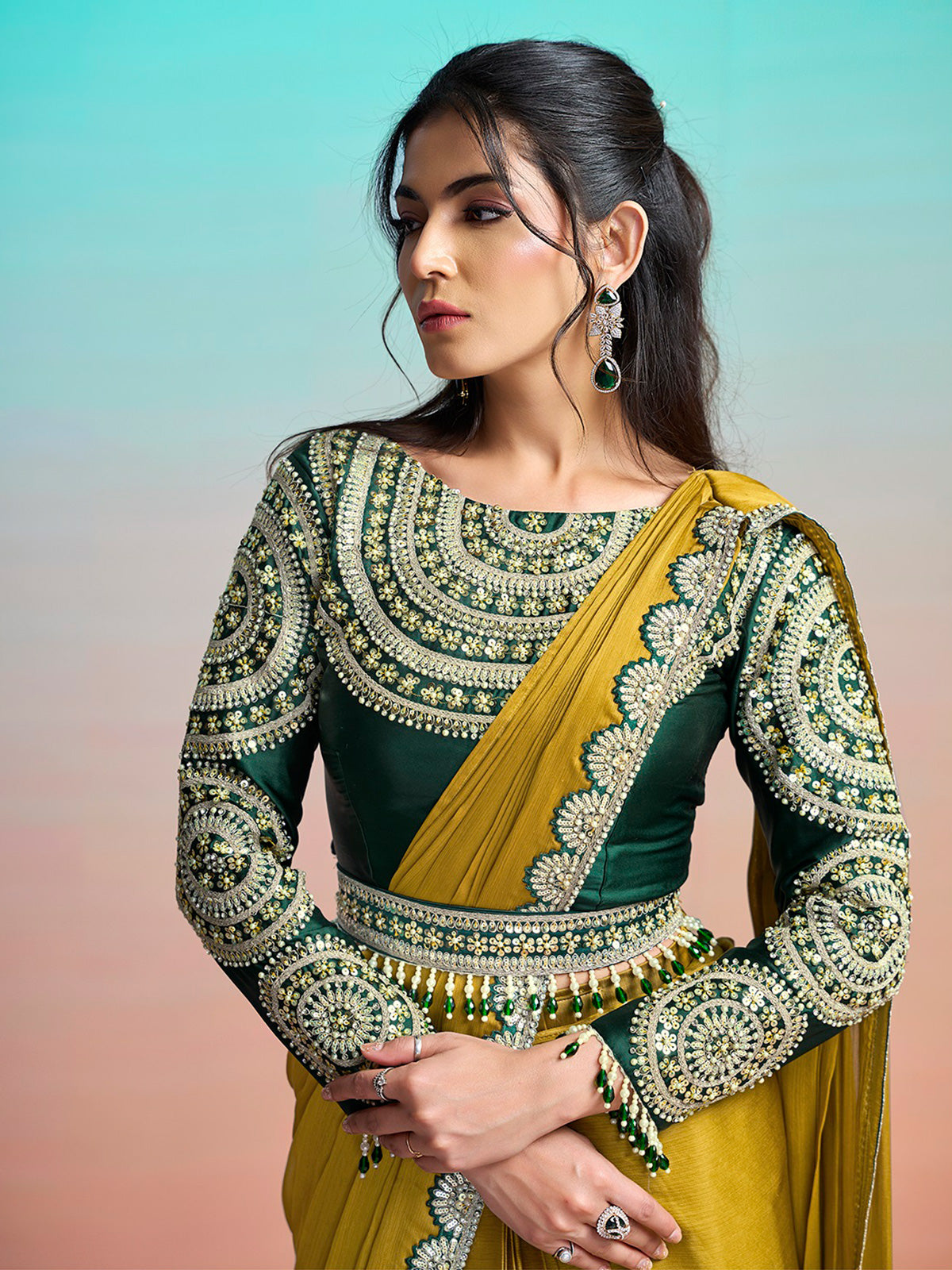 Olive embroidered ready to wear saree with designer belt
