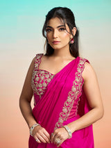 Magenta pink satin silk ready to wear saree with cape