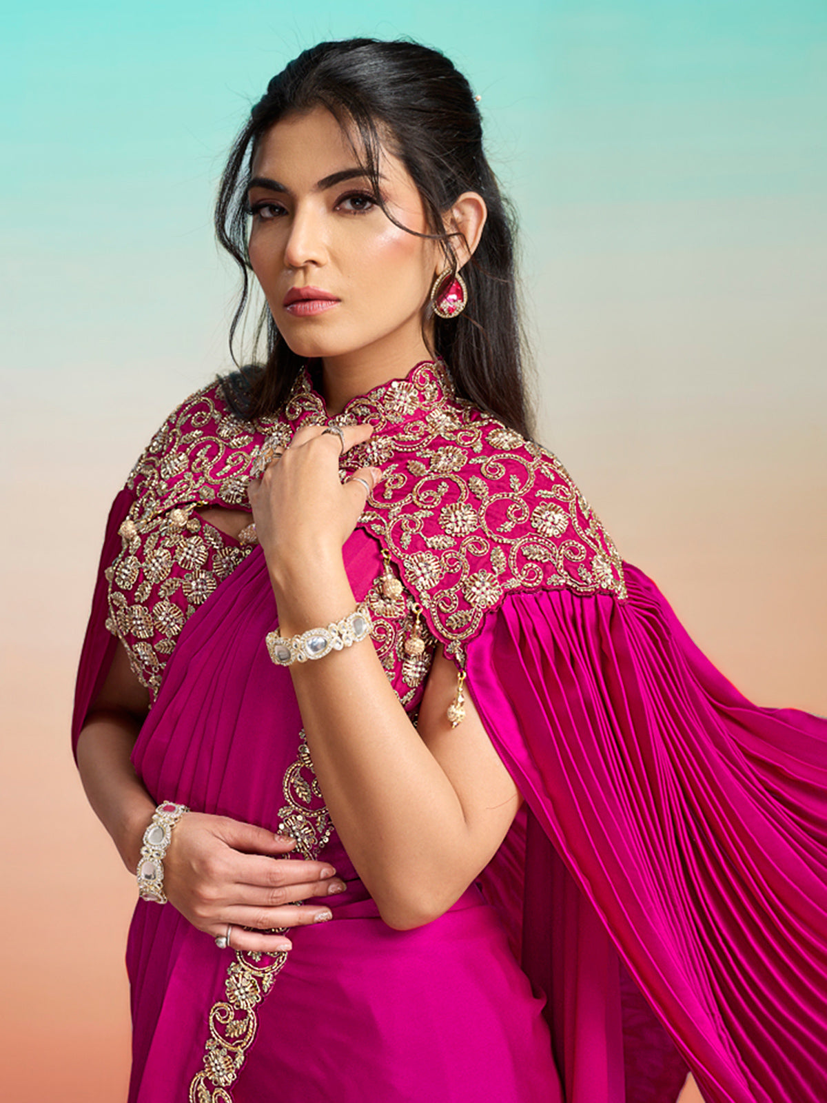 Magenta pink satin silk ready to wear saree with cape