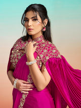 Magenta pink satin silk ready to wear saree with cape
