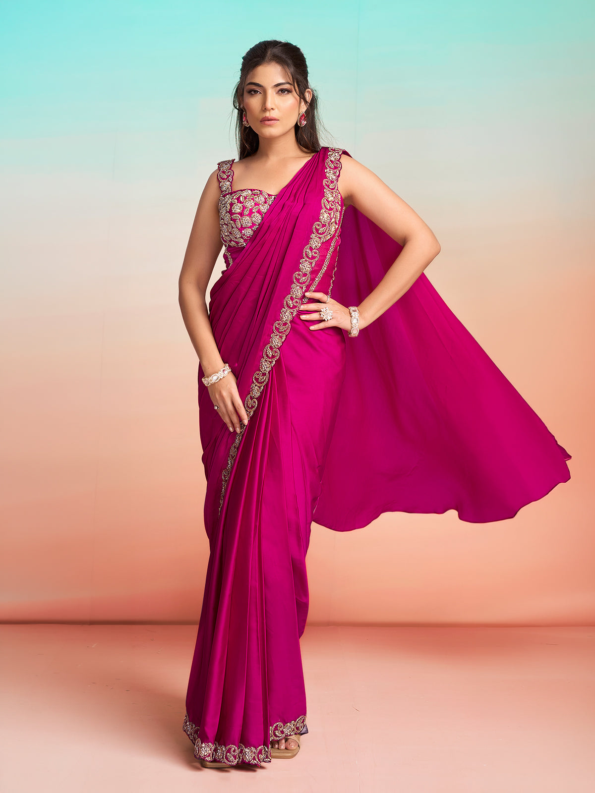 Magenta pink satin silk ready to wear saree with cape